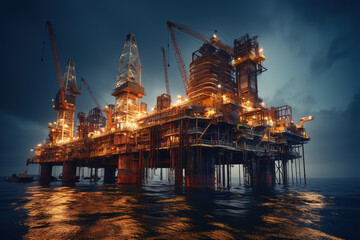 Offshore oil and rig platform, Construction of oil and gas production process in the sea. Power energy of the world - obrazy, fototapety, plakaty
