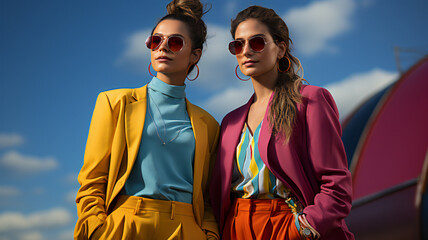 fashion woman colorful, the bold eclectic fashion styles of the Y2K era. dressed in the latest fashion trends of the time, including chunky shoes, low-rise pants, crop tops, and oversized sunglasses