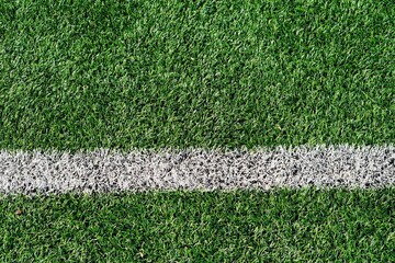 Closeup shot of a lush green soccer field with a white line running across the grass. © Mirco Vacca/Wirestock Creators