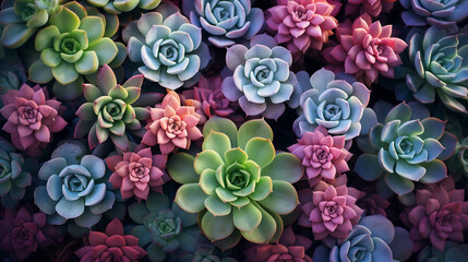 Arrangement of cactus succulents, top view of colorful sempervivum houseleek plants for background design. Generative AI.