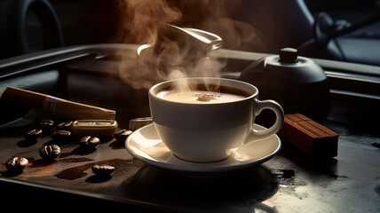 Steaming Cup of Coffee in soft round white china cup with a handle, the black coffee is hot, steam curling above the lip of the mug