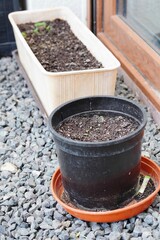 Pots arranged on natural stones beside a window