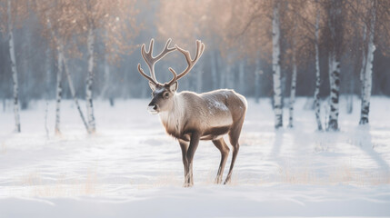Naklejka na ściany i meble A Reindeer in the middle of a snowy landscape. Generative Ai