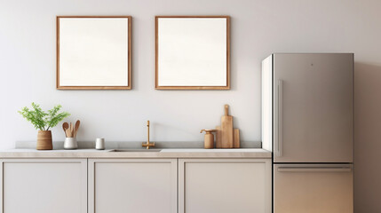 2 poster frames mockup in modern kitchen , interior : generative AI