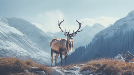 A reindeer  in winter on a background of the mountains. Generative Ai