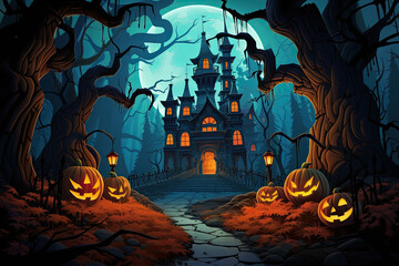 Halloween night with a spooky house and bats, Halloween background, generative ai