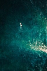 Vertical shot of a surfer lying on their surfboard and heading out to the depths of the sea