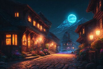 Houses in a magical setting under the moonlight. Generative AI