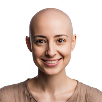 Image of a beautiful happy bald woman posing isolated over white wall background., Created using generative AI tools.