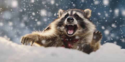 The Fun-Loving Raccoon: A Winter Wonderland of Raccoon Sledding Adventures AI generated