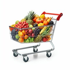 Supermarket Cart Filled with Groceries Isolated on White Background. Generative ai