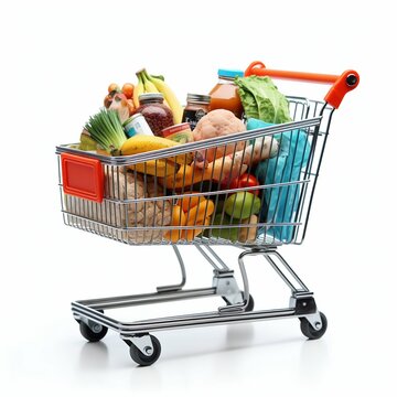 Supermarket Cart Filled with Groceries Isolated on White Background. Generative ai