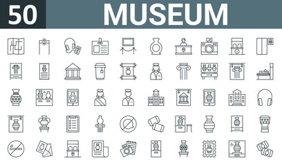 Fototapeta na wymiar set of 50 outline web museum icons such as map, metal detector, audio guide, id card, canvas, cultures, clerk vector thin icons for report, presentation, diagram, web design, mobile app.