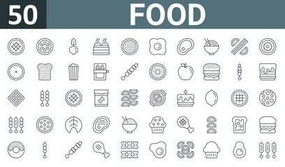 set of 50 outline web food icons such as pie, tomato, beetroot, dim sum, biscuit, fried egg, meat vector thin icons for report, presentation, diagram, web design, mobile app.