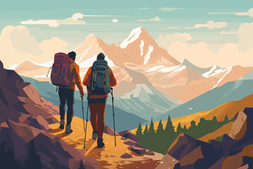 Vector of couple hiking in the mountains of the Alpes - obrazy, fototapety, plakaty