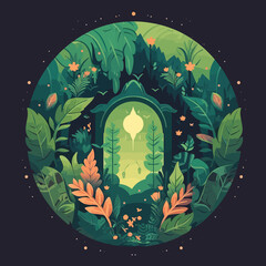 Vector of gate in nature surrounded by trees and leaves - obrazy, fototapety, plakaty