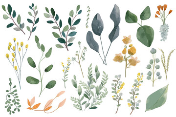 Vector of flowers and leaves isolated on white background