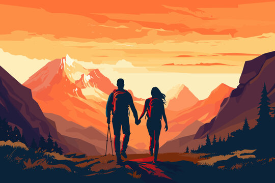 Vector of couple hiking in the mountains of the Alpes