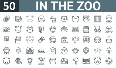 Fototapeta na wymiar set of 50 outline web in the zoo icons such as ticket, lemur, squirrel, eagle, fountain, raccoon, panda vector thin icons for report, presentation, diagram, web design, mobile app.
