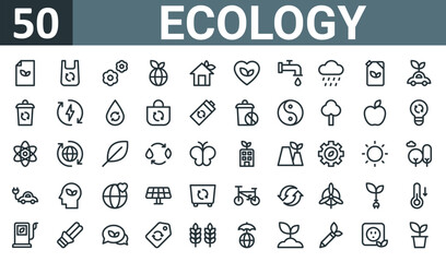 set of 50 outline web ecology icons such as paper, bag, flowers, world, house, love, tap vector thin icons for report, presentation, diagram, web design, mobile app.
