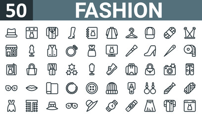 set of 50 outline web fashion icons such as clothes, clothes, clothes, boot, art and de, cape, clo vector thin icons for report, presentation, diagram, web design, mobile app.