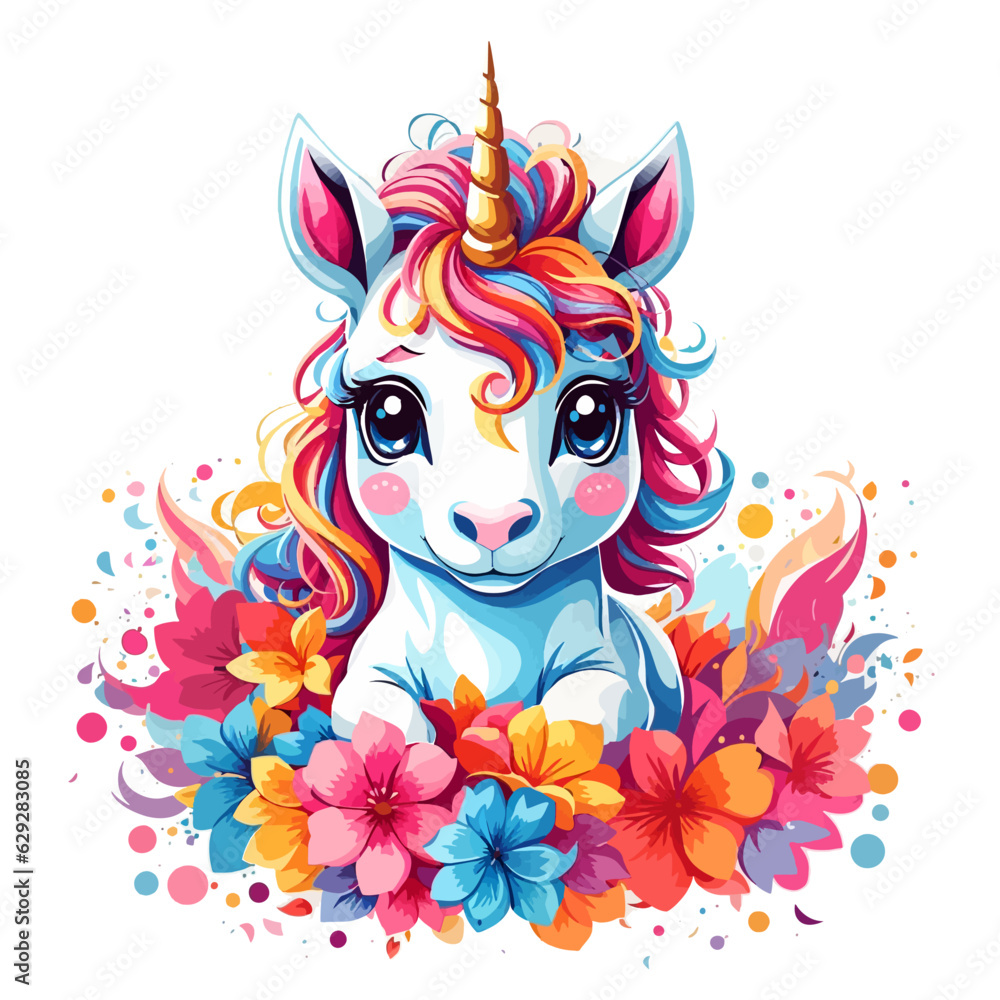 Wall mural Cute baby unicorn, t-shirt design colorful fantasy floral vector illustration