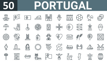 set of 50 outline web portugal icons such as caravel, portugal, portugal, aarve, cathedral, corn, guas livres vector thin icons for report, presentation, diagram, web design, mobile app.