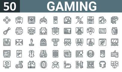 Fototapeta na wymiar set of 50 outline web gaming icons such as buttons, gamepad, football game, gamepad, game console, game console, match vector thin icons for report, presentation, diagram, web design, mobile app.