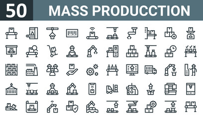 Fototapeta na wymiar set of 50 outline web mass producction icons such as conveyor, conveyor, package, bar code, conveyor, mechanical arm vector thin icons for report, presentation, diagram, web design, mobile app.