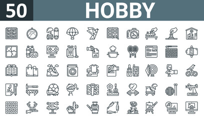 set of 50 outline web hobby icons such as scrapbook, embroidery, skateboarding, parachuting, origami, philately, photo camera vector thin icons for report, presentation, diagram, web design, mobile