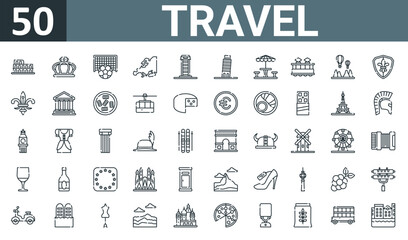 set of 50 outline web travel icons such as colosseum, crown, soccer, europe, phone booth, leaning tower of pisa, terrace vector thin icons for report, presentation, diagram, web design, mobile app.