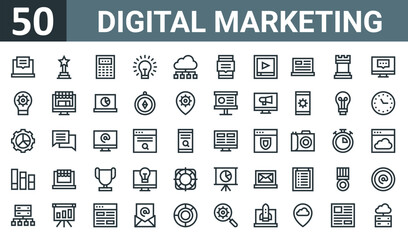 Fototapeta na wymiar set of 50 outline web digital marketing icons such as chat, trophy, calculator, idea, cloud computing, chat, video player vector thin icons for report, presentation, diagram, web design, mobile app.