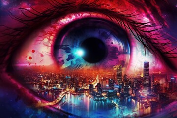 Abstract image of a human eye with cityscape in the background. Generative AI.