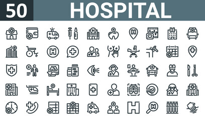 Fototapeta na wymiar set of 50 outline web hospital icons such as hospital, wallet, ambulance, vaccine, hospital, tooth, pin vector thin icons for report, presentation, diagram, web design, mobile app.