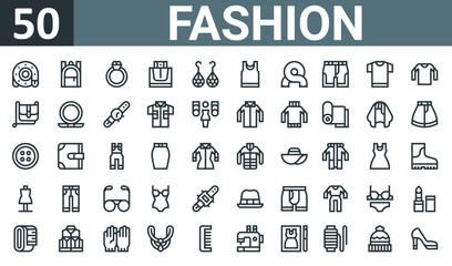Fototapeta na wymiar set of 50 outline web fashion icons such as belt, backpack, diamond ring, perfume, earrings, sleeveless, scarf vector thin icons for report, presentation, diagram, web design, mobile app.
