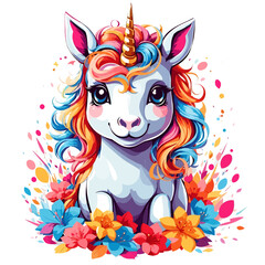 Cute baby unicorn, t-shirt design colorful fantasy vector illustration