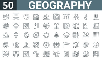 Fototapeta na wymiar set of 50 outline web geography icons such as planets, park, sunshine, lake, aloe vera, map, crab vector thin icons for report, presentation, diagram, web design, mobile app.