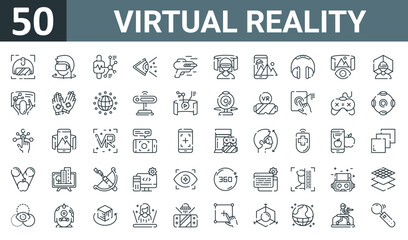 Fototapeta na wymiar set of 50 outline web virtual reality icons such as head, rotation, smartwatch, vision, gun, virtual reality, augmented reality vector thin icons for report, presentation, diagram, web design,