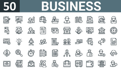 Fototapeta na wymiar set of 50 outline web business icons such as note, presentation, promoted, business trip, working, businessman, schedule vector thin icons for report, presentation, diagram, web design, mobile app.