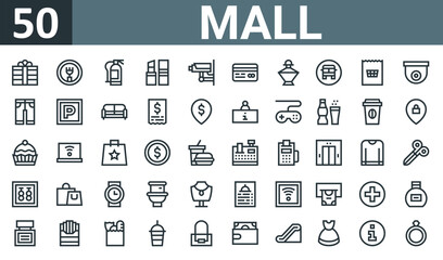 Fototapeta na wymiar set of 50 outline web mall icons such as gift, restaurant, extinguisher, lipstick, security camera, credit card, fragance vector thin icons for report, presentation, diagram, web design, mobile app.