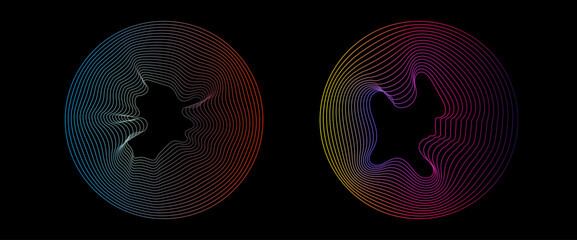 Set of glowing colorful creative round curved shape dynamic lines isolated on black background for technology concept. Creative line blend set.