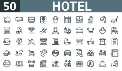 Fototapeta na wymiar set of 50 outline web hotel icons such as room service, air conditioner, led, passport, location, bunk bed, home theater vector thin icons for report, presentation, diagram, web design, mobile app.