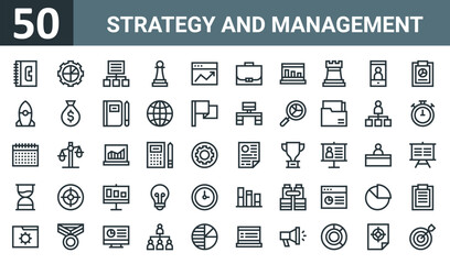 Fototapeta na wymiar set of 50 outline web strategy and management icons such as contact, graphic, management, chess piece, web, briefcase, laptop vector thin icons for report, presentation, diagram, web design, mobile