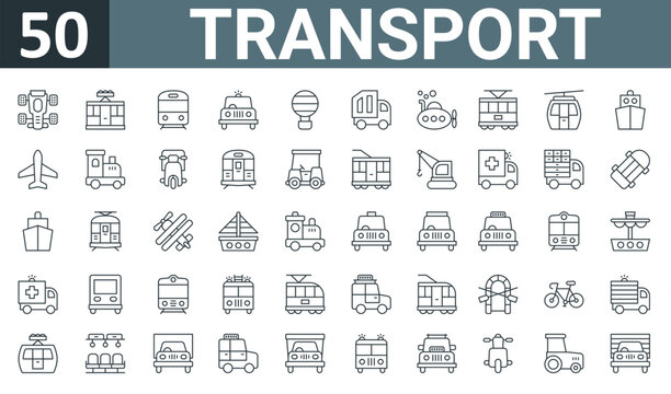 set of 50 outline web transport icons such as race car, cable car cabin, railway, police car, hot air balloon, garbage truck, submarine vector thin icons for report, presentation, diagram, web
