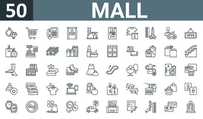 Fototapeta na wymiar set of 50 outline web mall icons such as jewelry, shopping cart, phone, closed, restaurant, atm, clothes vector thin icons for report, presentation, diagram, web design, mobile app.