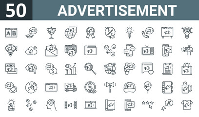 set of 50 outline web advertisement icons such as test, word, prize, , award, percentage, copywriting vector thin icons for report, presentation, diagram, web design, mobile app.