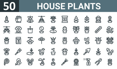 set of 50 outline web house plants icons such as cactus, gloves, orchid, plant, plant, seed bag, pine vector thin icons for report, presentation, diagram, web design, mobile app.