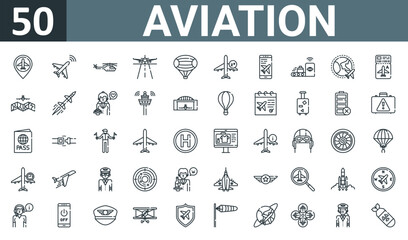 Obraz na płótnie Canvas set of 50 outline web aviation icons such as placeholder, airplane, helicopter, runway, zeppelin, flight, smartphone vector thin icons for report, presentation, diagram, web design, mobile app.