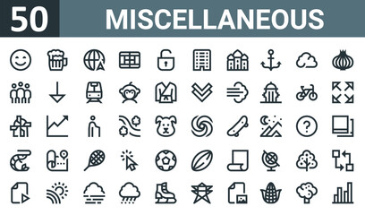 set of 50 outline web miscellaneous icons such as happy, beer, internet, tennis court, open padlock, building, mosque vector thin icons for report, presentation, diagram, web design, mobile app.