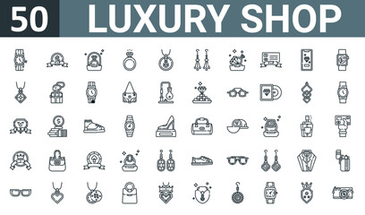set of 50 outline web luxury shop icons such as watch, vip, diamond ring, diamond ring, necklace, earrings, treasure vector thin icons for report, presentation, diagram, web design, mobile app.